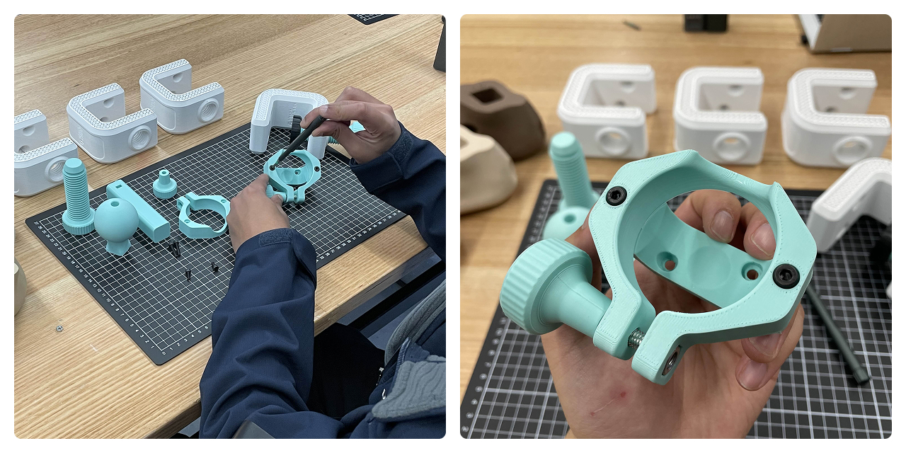 Left: Assembling a prototype of the EduKit. Right: a hand holding up the ring piece of an EduKit clamp.