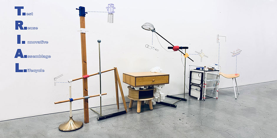 Five furniture pieces made from reclaimed parts and 3D-printed connectors, including a chair, table, lamp, rack, and divider.	