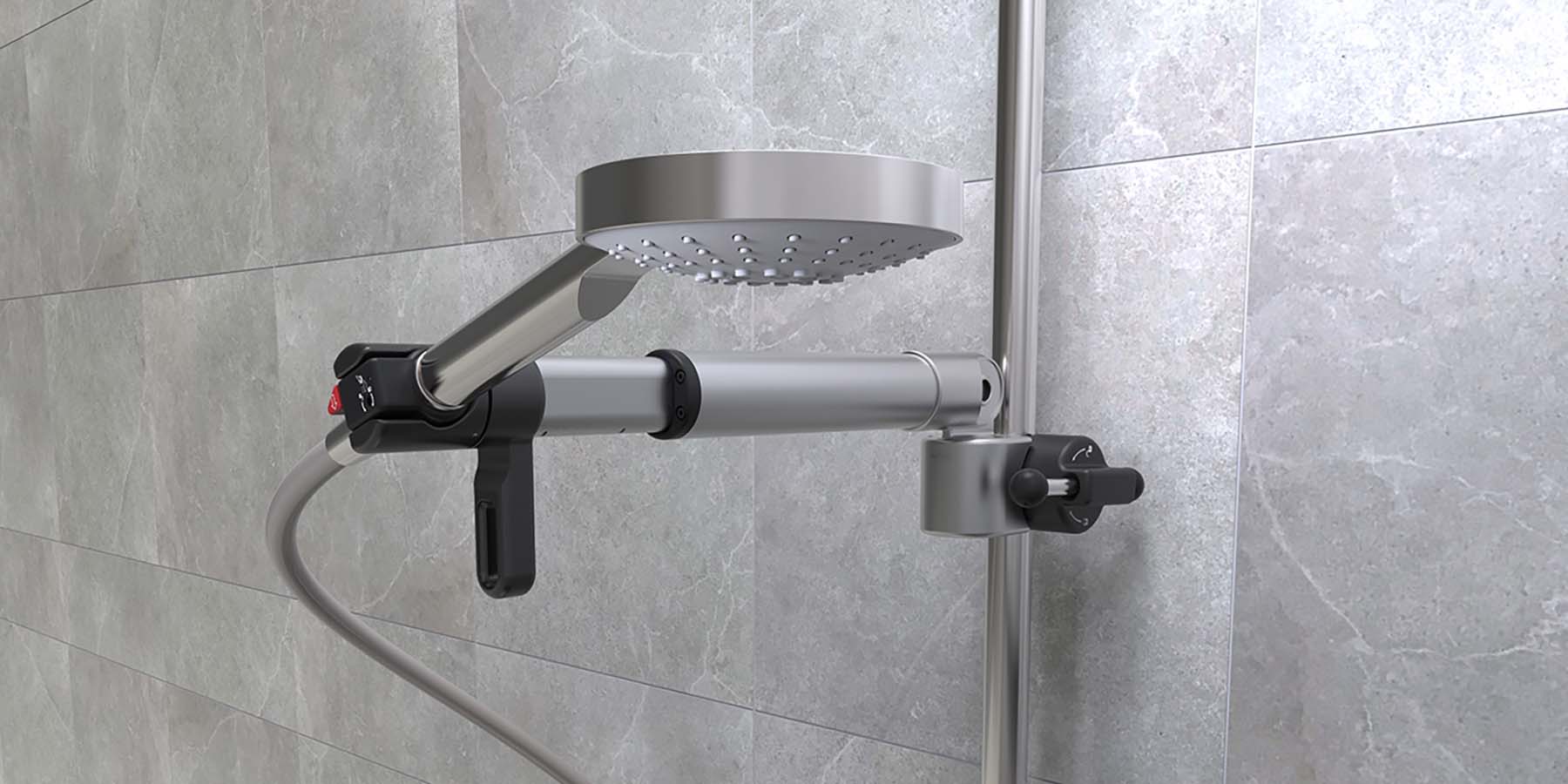 A picture of a telescopic shower head holder attached to a grab rail in front of a tiled wall
