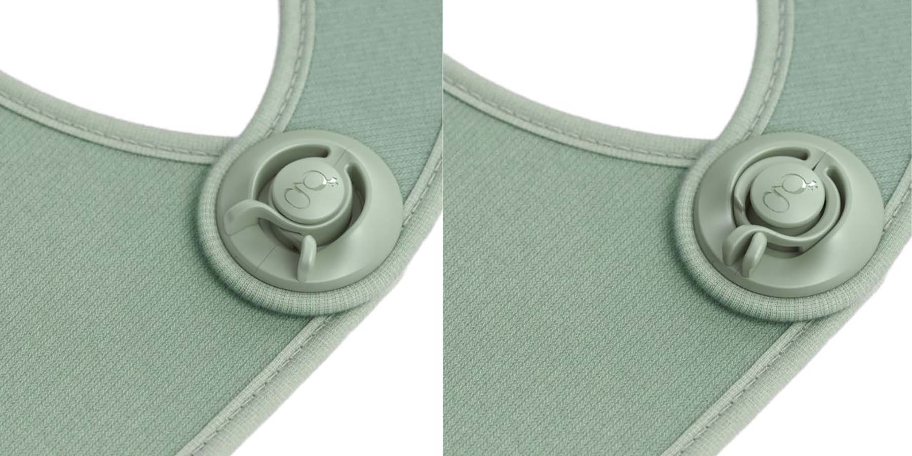 Image of a sage coloured Gigi Bib showing the one-handed clip done up. Then showing the clip arms pinched ready to open.