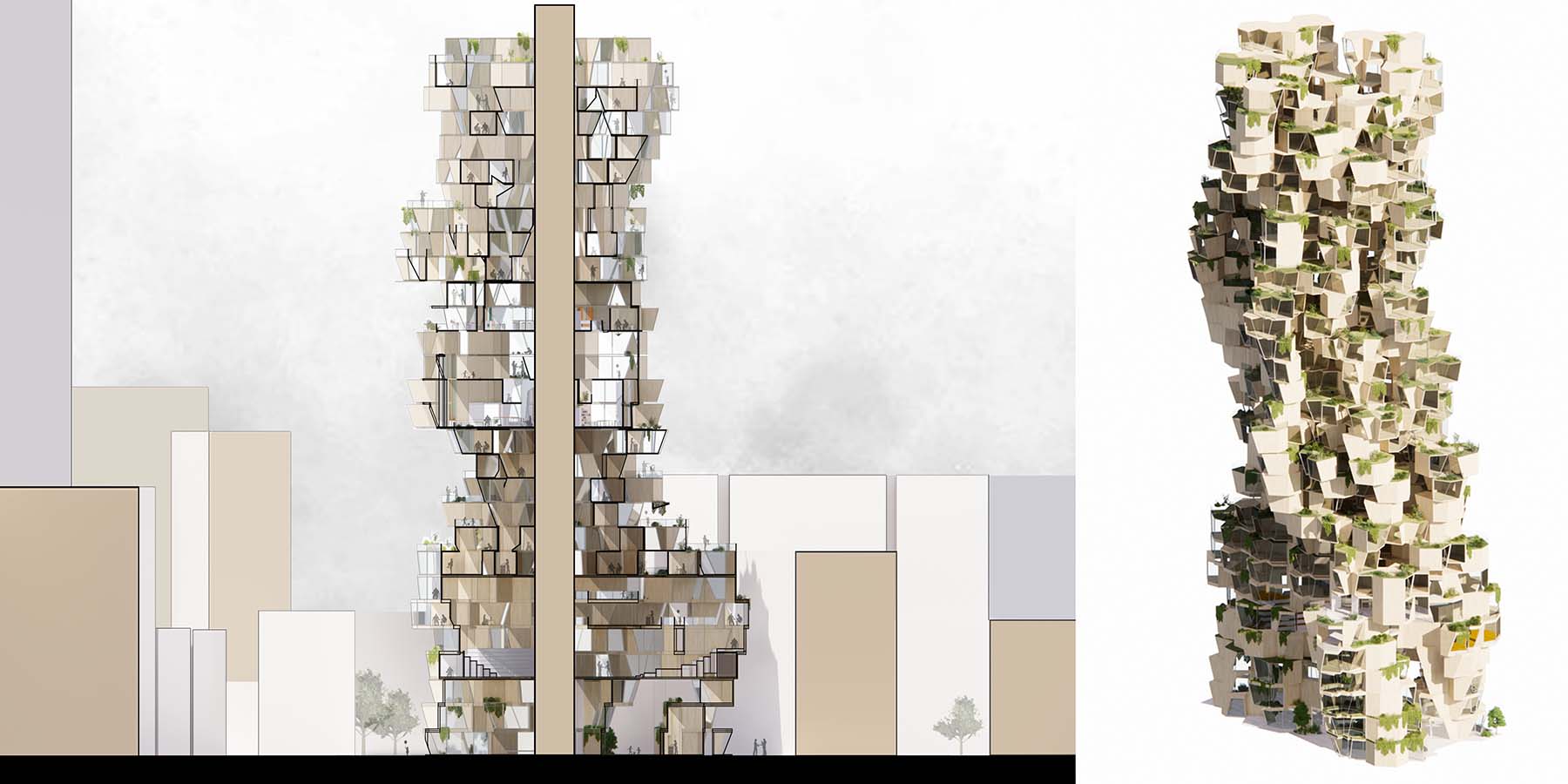 The finalised tower form, showcasing the embodiment of an overall cascading effects across it's exterior domain.