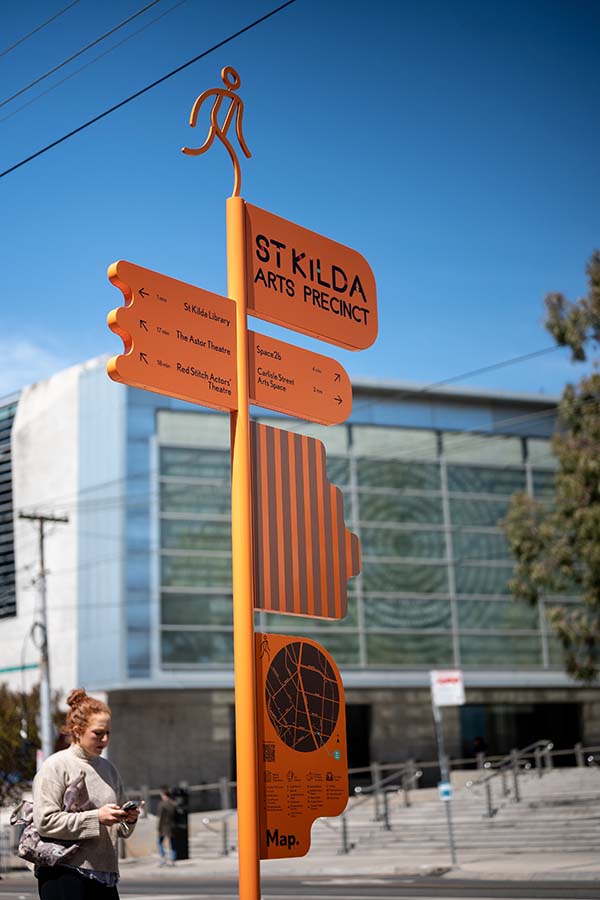 Detail orange Sculptural wayfinding in St Kilda for the City of Port Phillip.