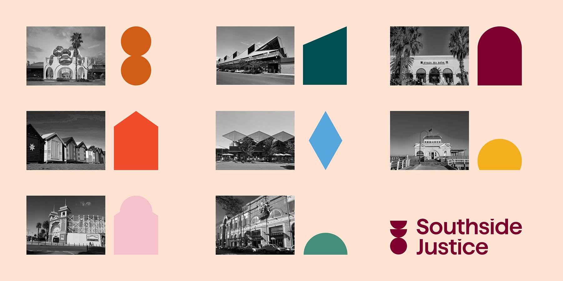 Brand language consists of graphic shapes derived from iconic architecture in the local community.