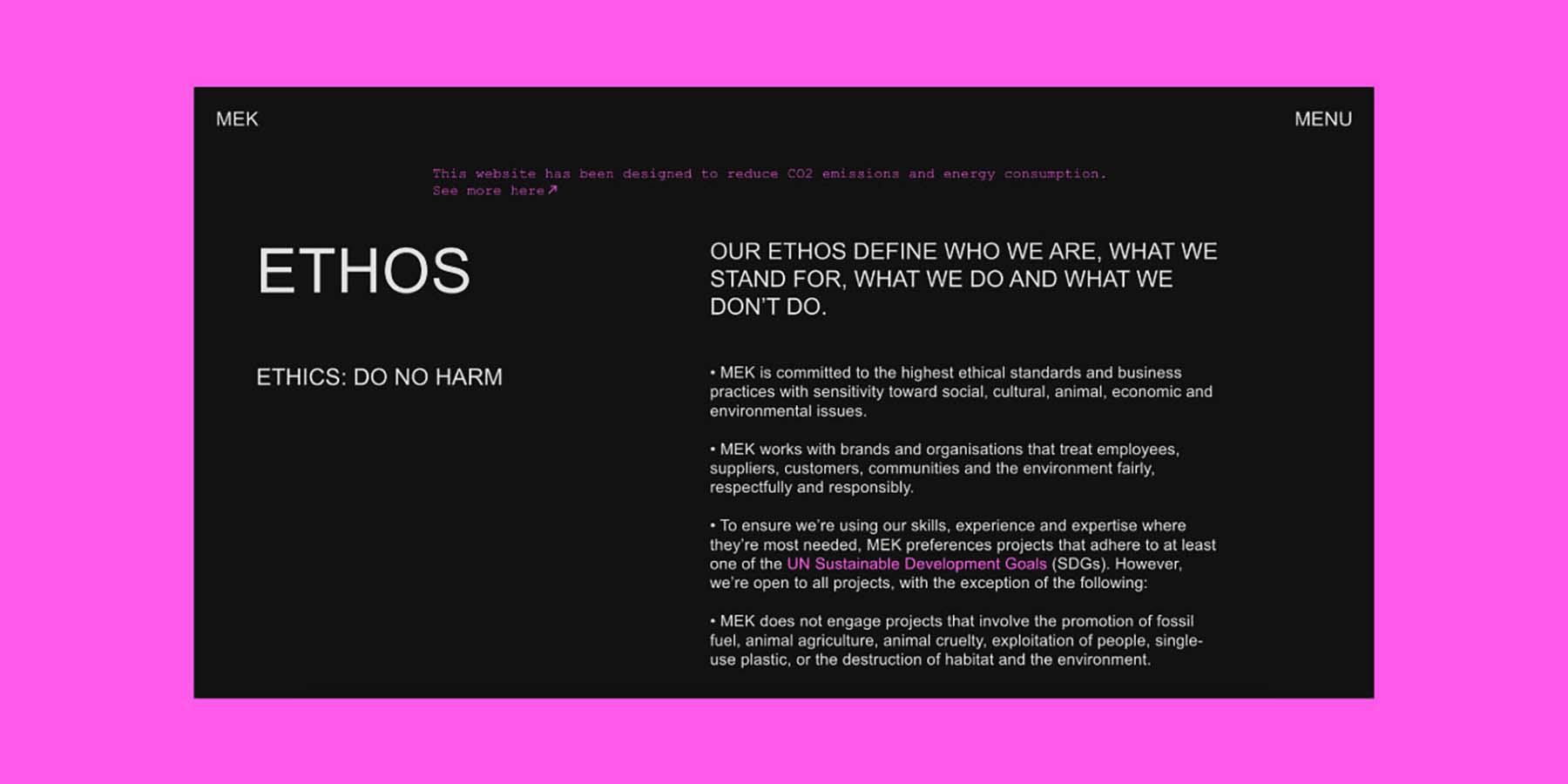 Image of a webpage with MEK Studio's ETHOS