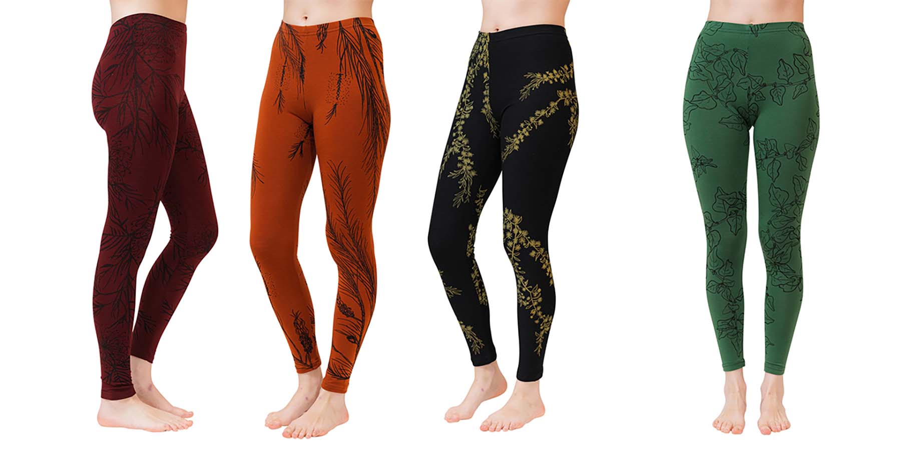 4 people with different merino leggings on, with different colours and prints.