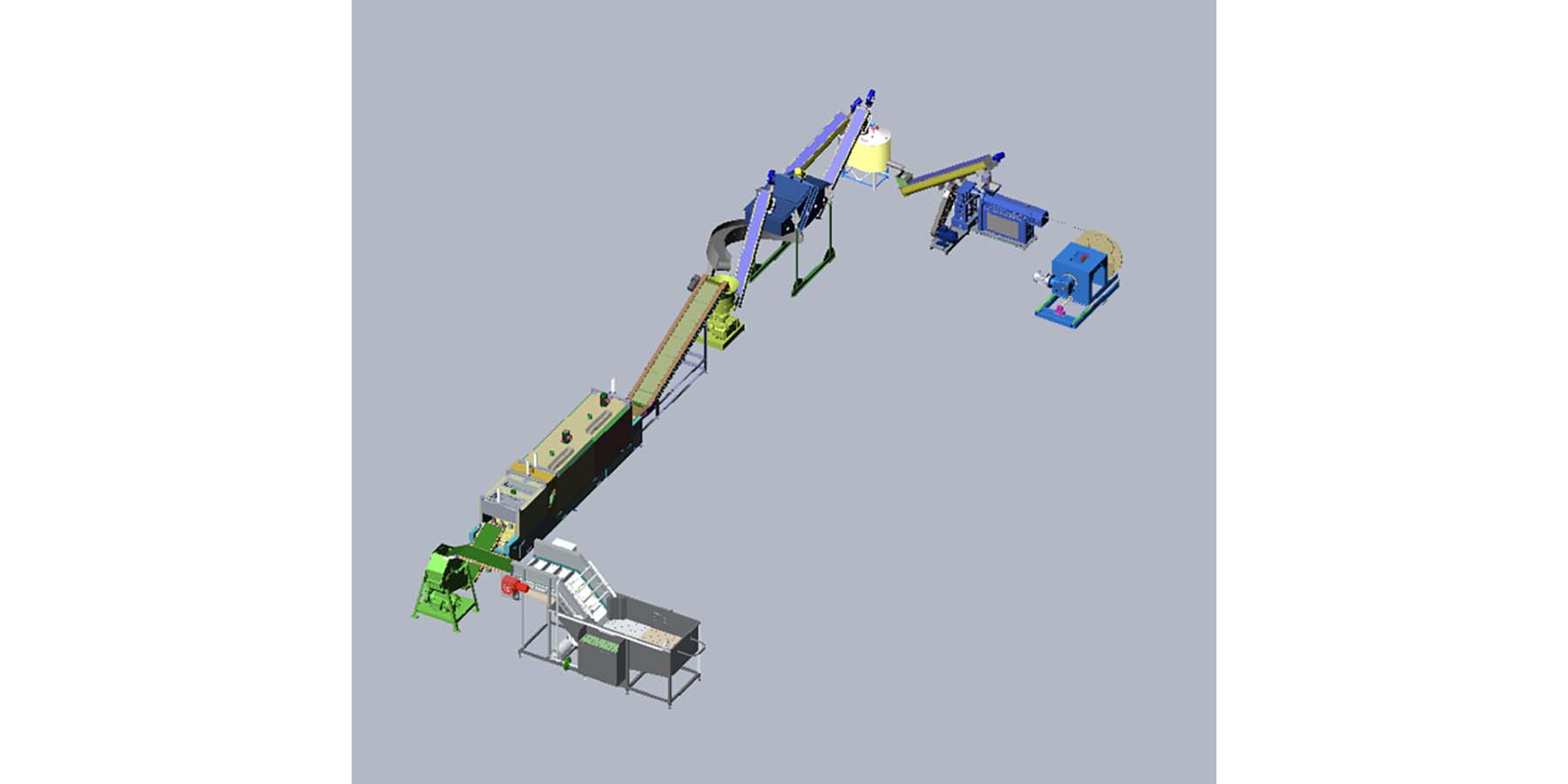 This is a CAD modelled production line that can theoretically mass manufacture coconut filament from fresh coconut waste