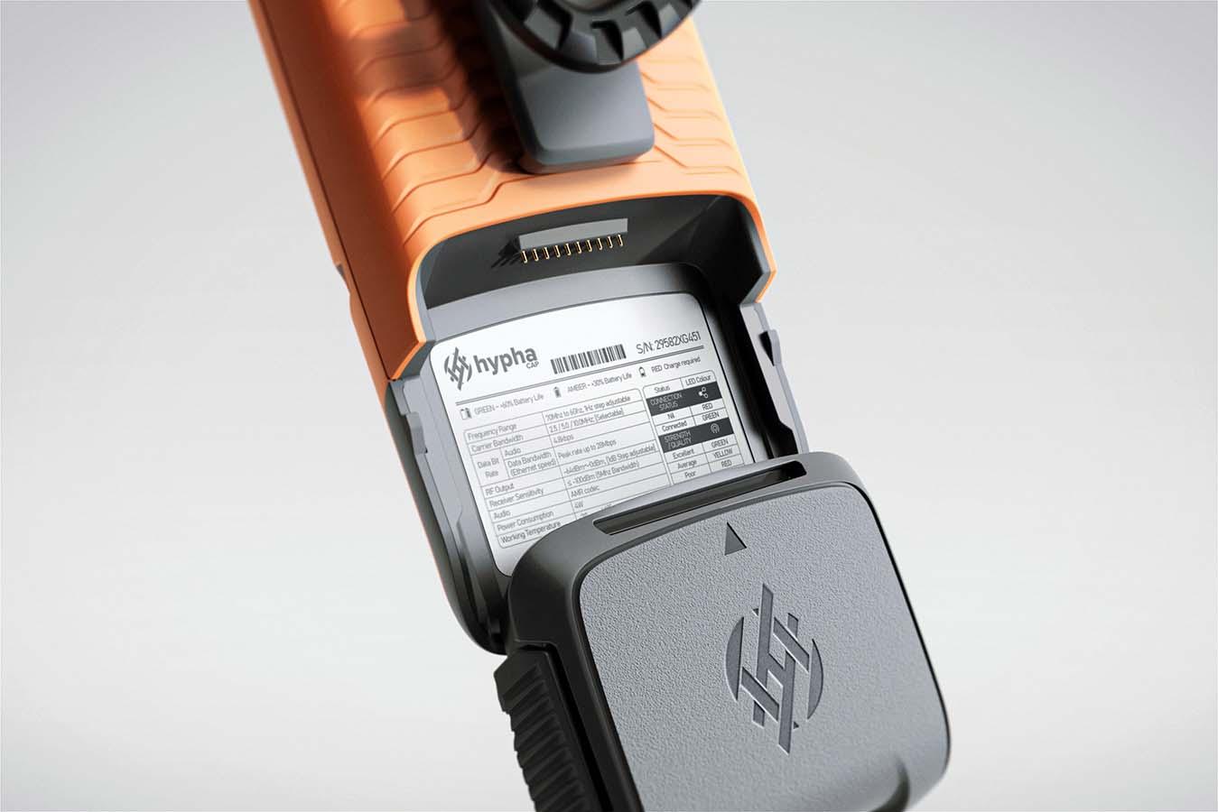 A close up studio product shot demonstrating the HyphaCAPs hot-swap battery feature.