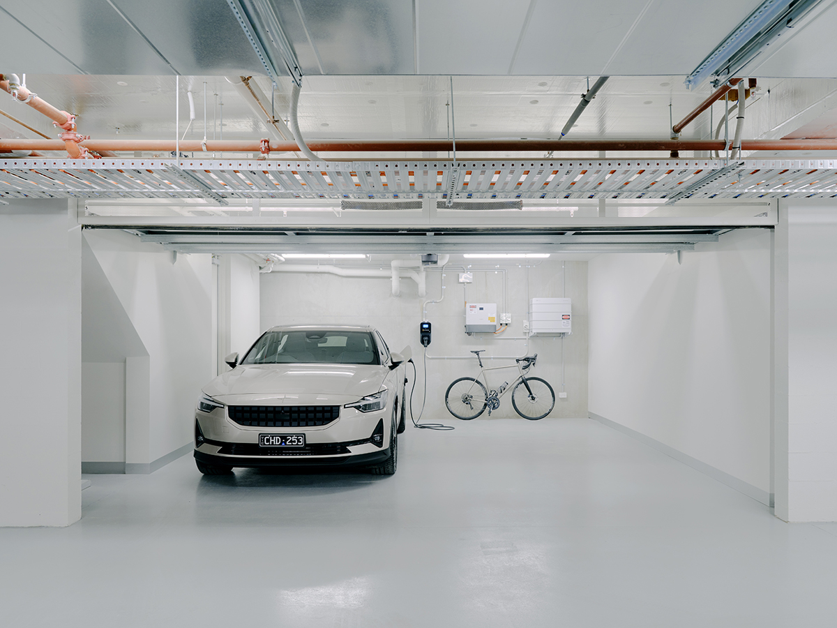 ECHO.1 All-electric garage showing the solar battery, inverter, EV Charger