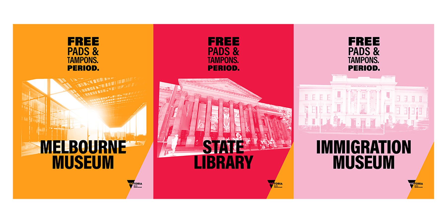 Three social media posts announcing the locations of free pad and tampon vending machines.