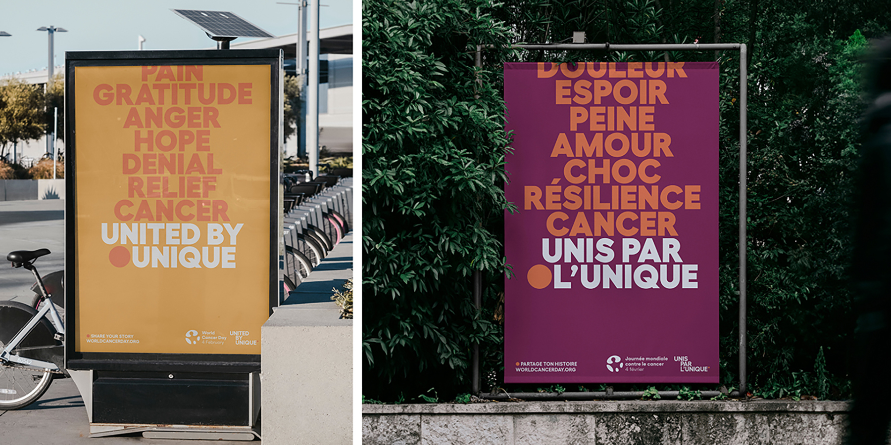 World Cancer Day campaign posters in English and French