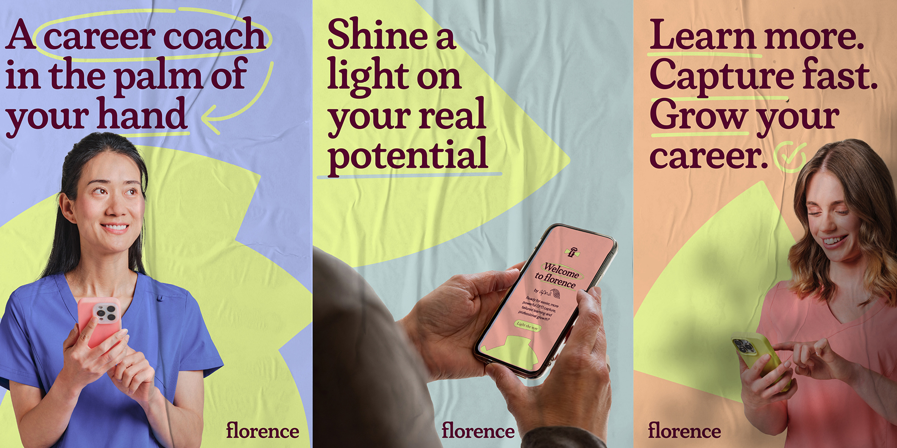 Three posters with Florence app users and slogans like “A career coach in the palm of your hand.”