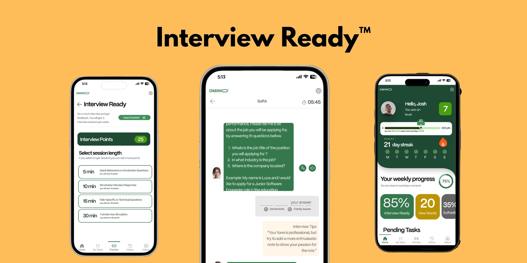 A personal coach in your pocket, you can practice on your own time and improve your interview skills at your convenience.