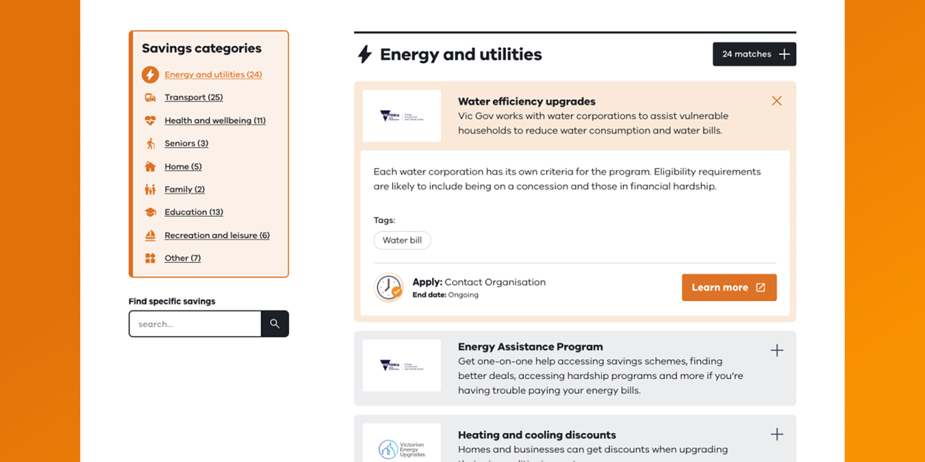 Savings Finder results open
