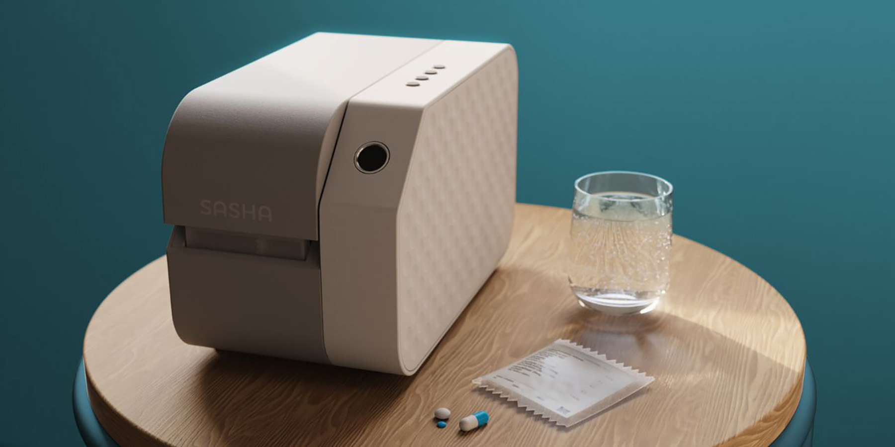 Small medication management device sitting on a side table next to a medication sachet, pills, and a glass of water.