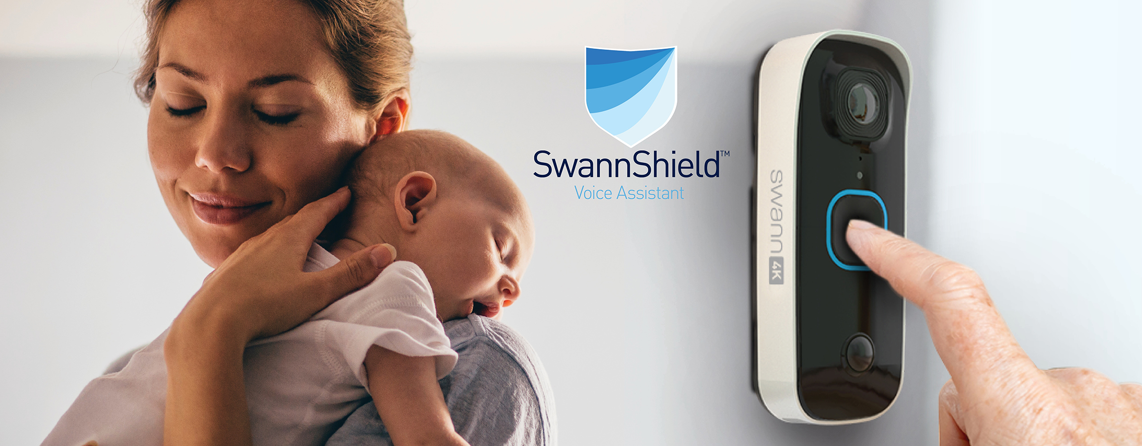 A mother and child beside a SwannBuddy4K doorbell being pressed and text stating