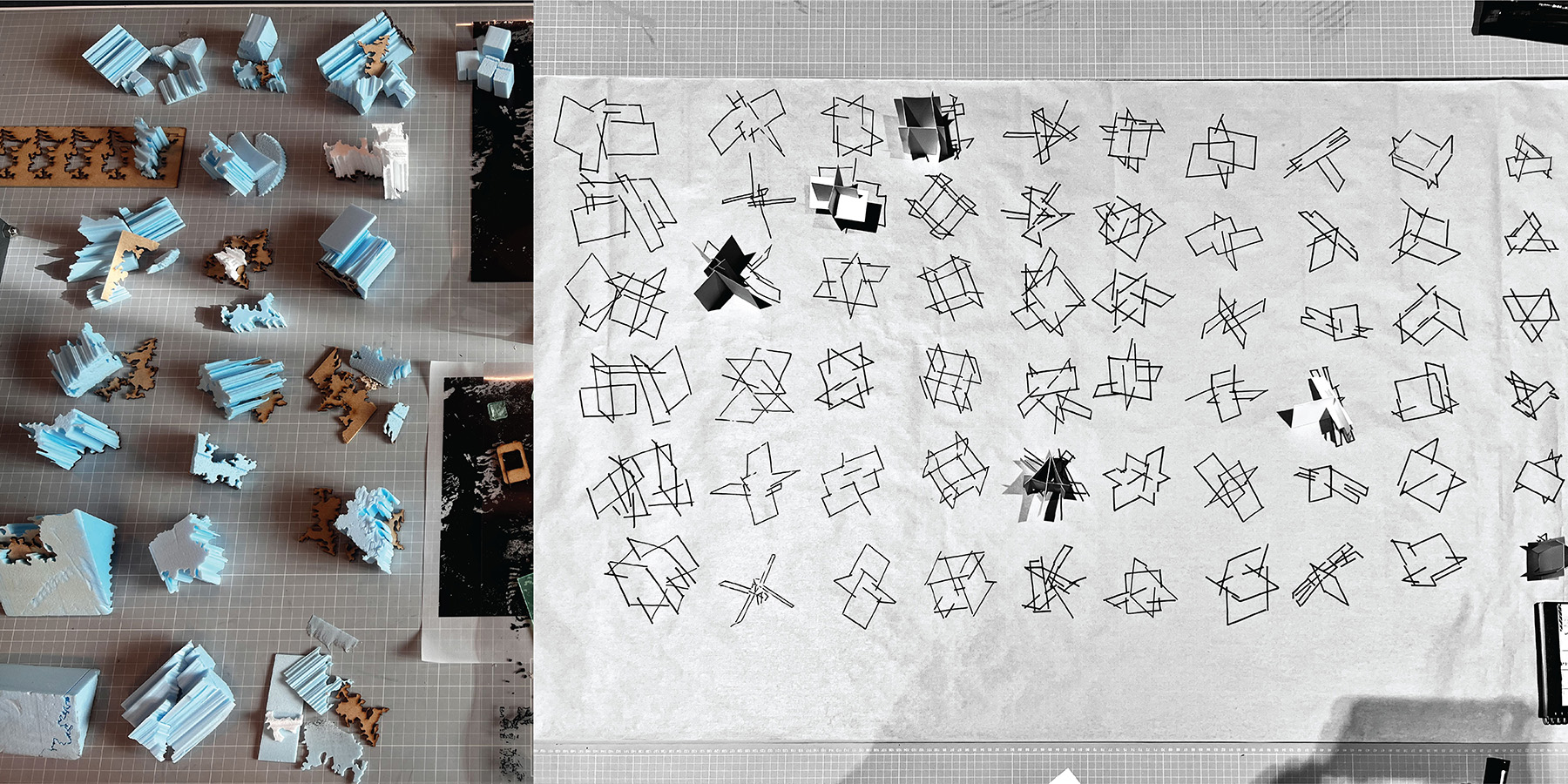 Experimental studies in material combinations and dimensional transitions from two- to three-dimensional expressions.