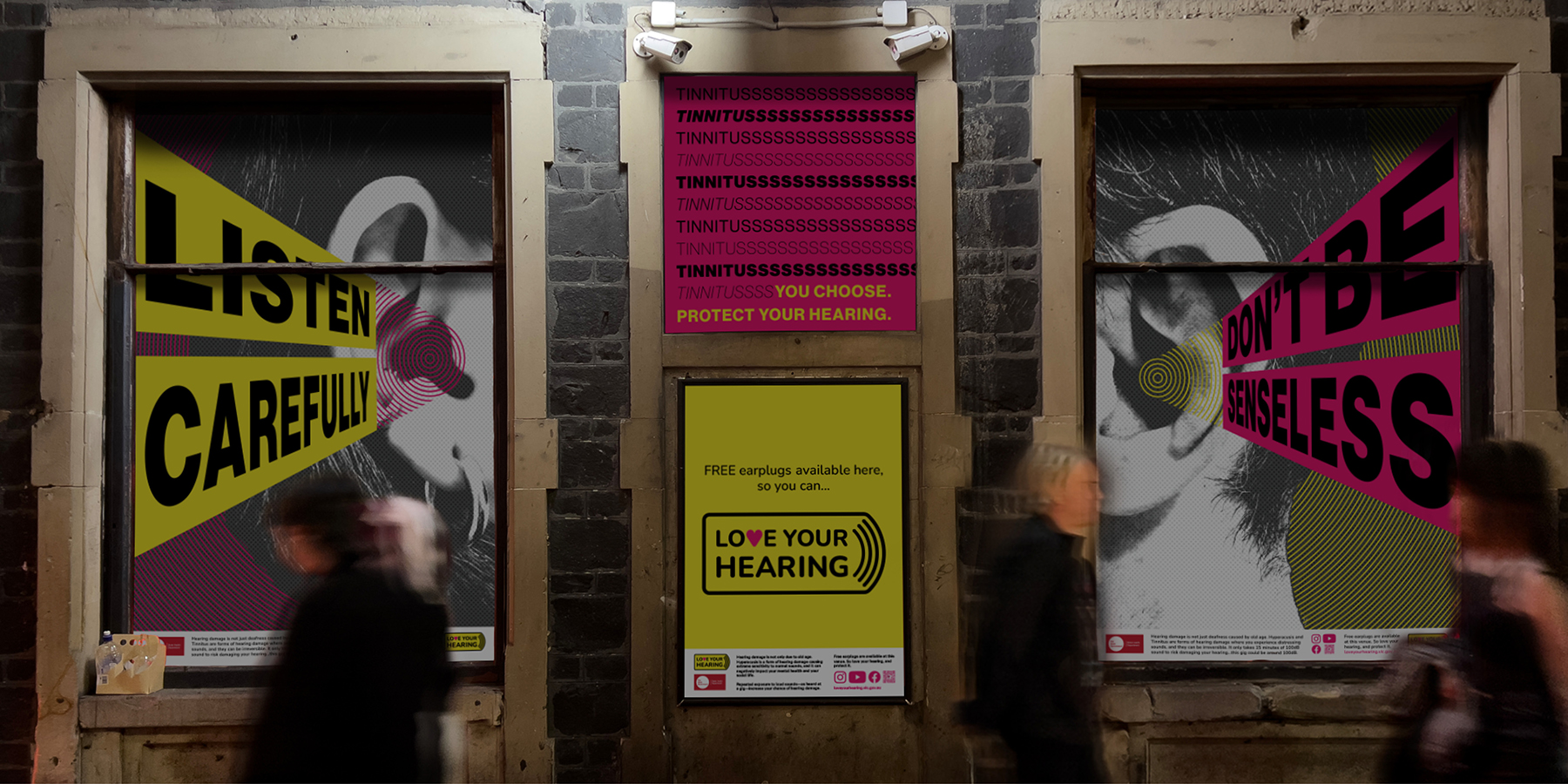 Love Your Hearing campaign poster series mock-up shown in proposed position near a music venue