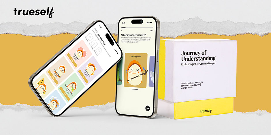 TrueSelf digital and physical toolkit showcasing character-based personality quiz and 'Journey of Understanding' box.