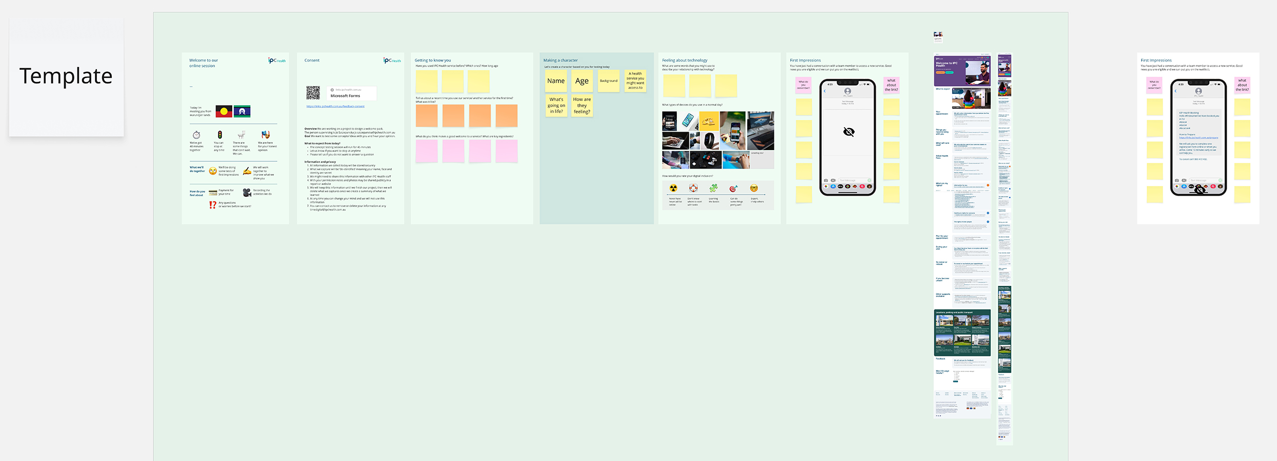 Miro screenshot of user testing template for online user interviews