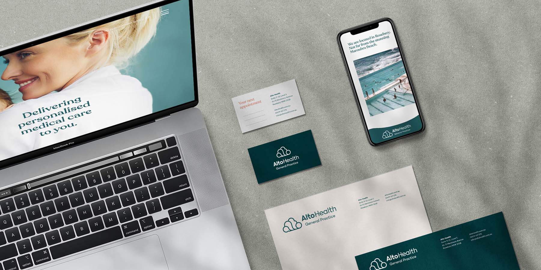Alto Health branding - snapshop of brand assets such as logo, colours, illustrations, typography and art direction/photos