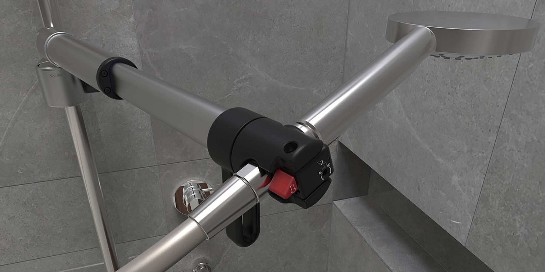 Closeup of the telescopic shower head holder highlighting the red release catch on the safety adapter in a tiled bathroom