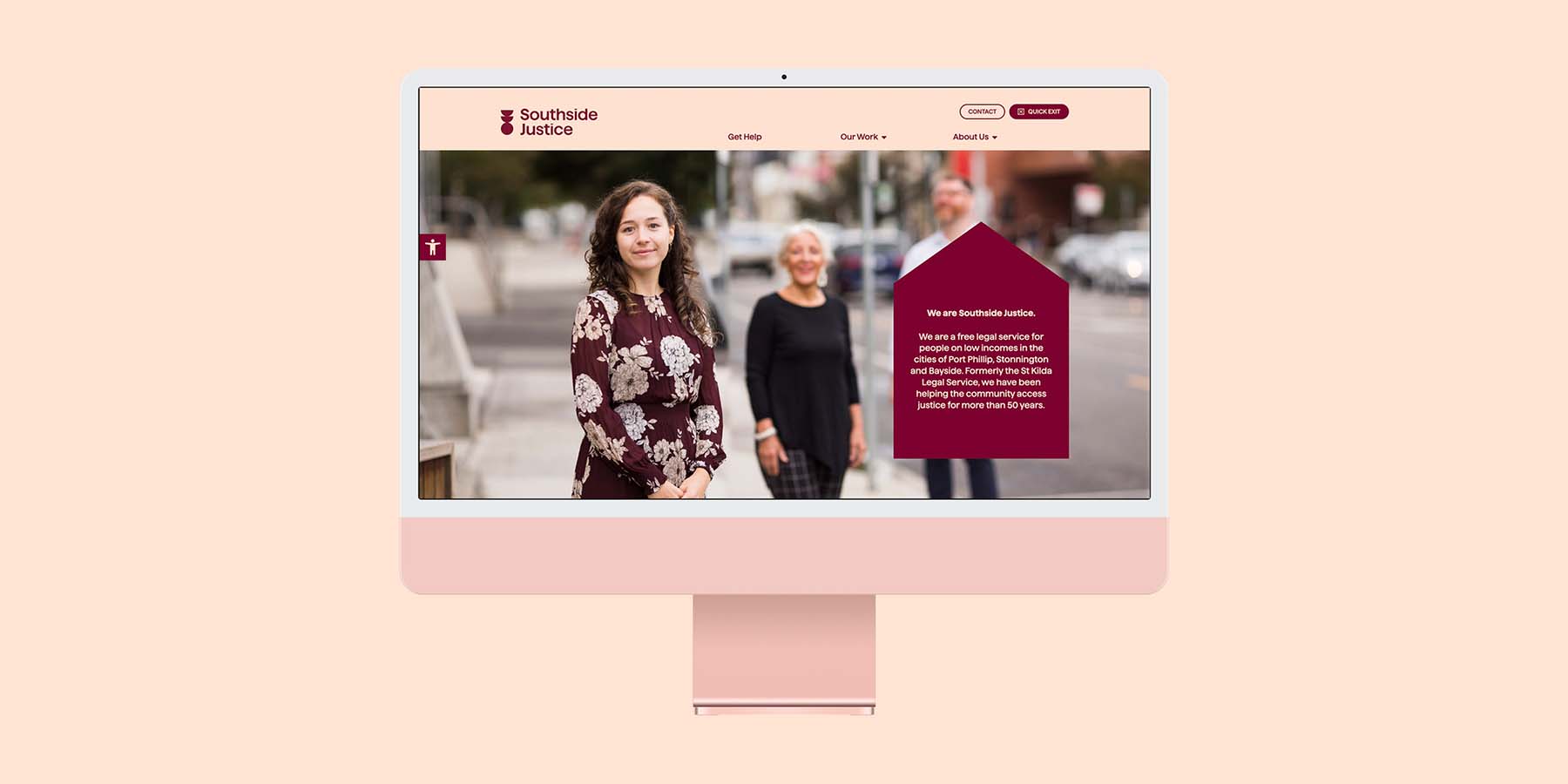 Southside Justice website home page with a hero photo of a female on a St Kilda street taken by Anna Carlile.