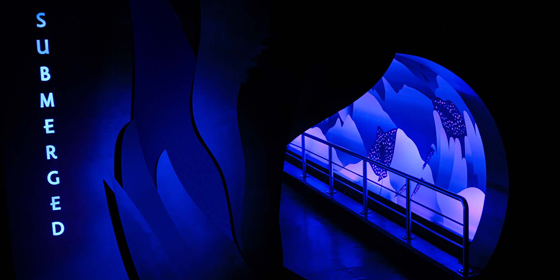 Entrance to the exhibition and the holographic, glowing tunnels