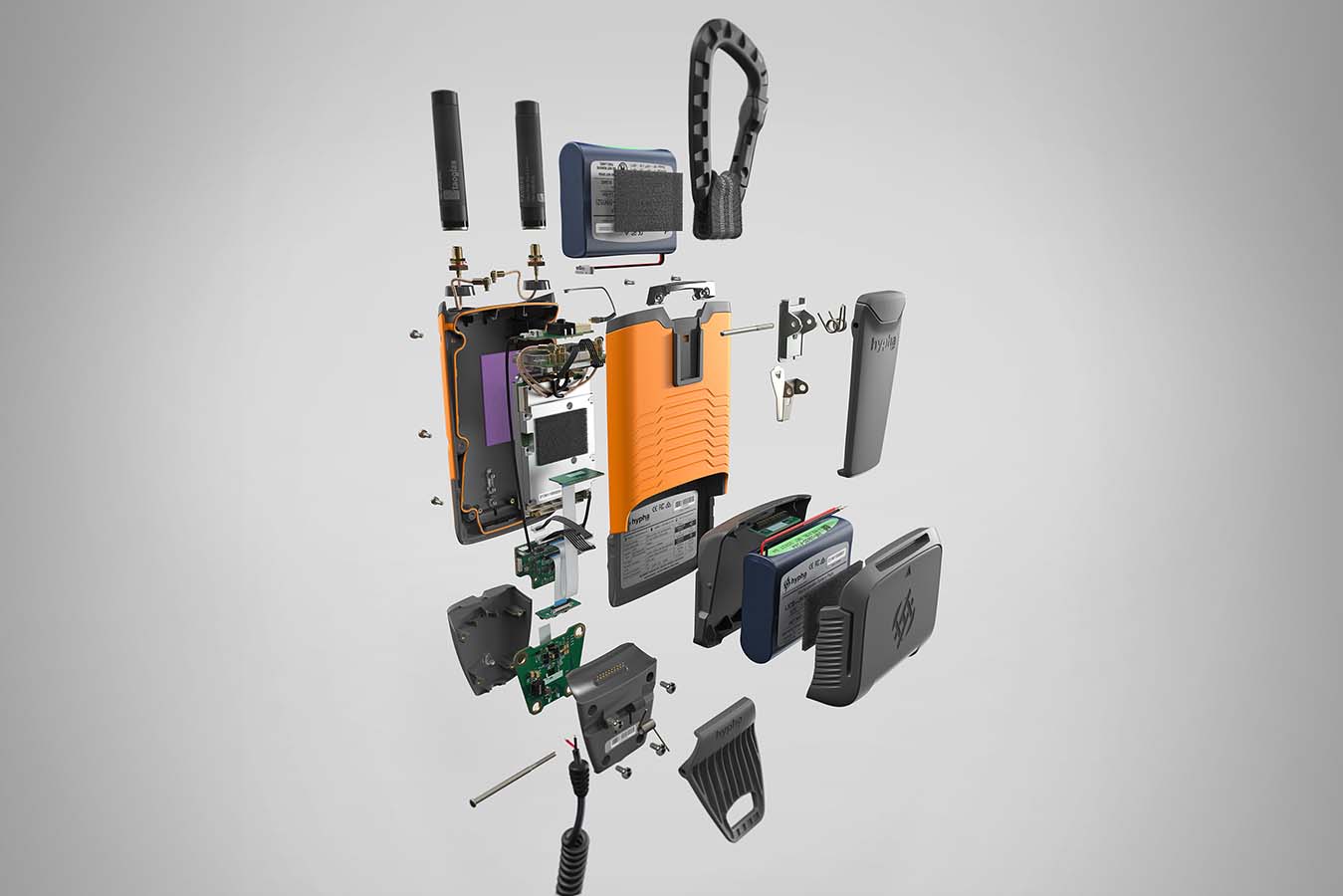 A visualisation of an exploded view on the assembly and internal components of the HyphaCAP device.