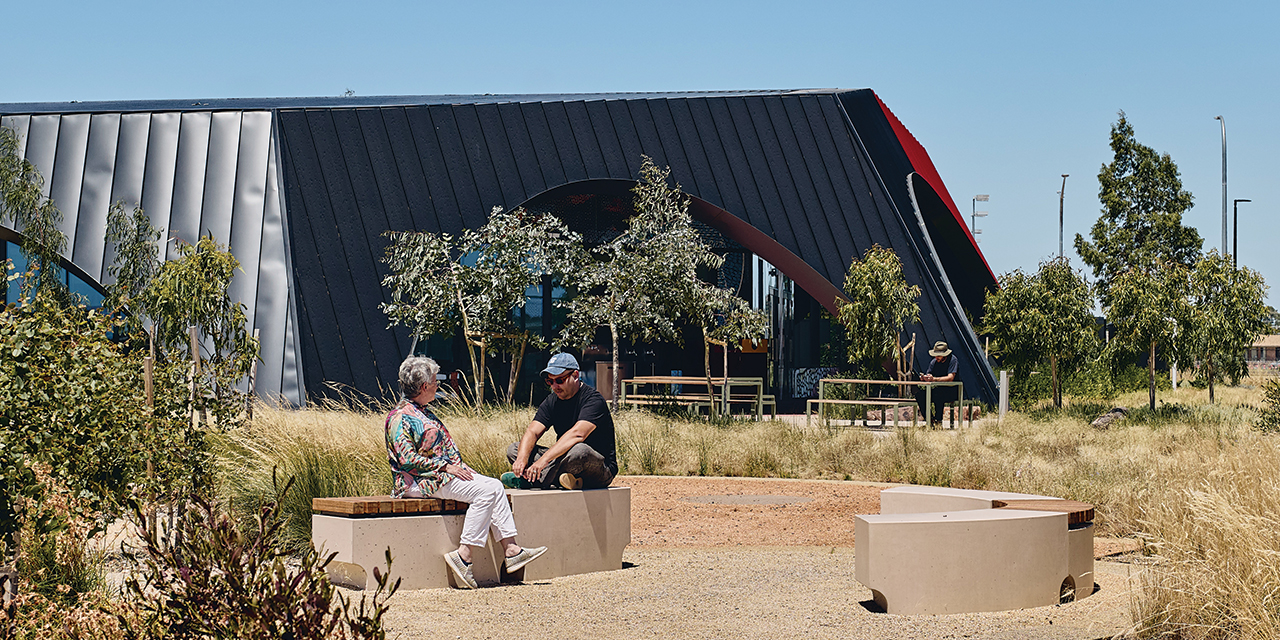 Exterior of Munarra Centre for Regional Excellence showing landscaping.