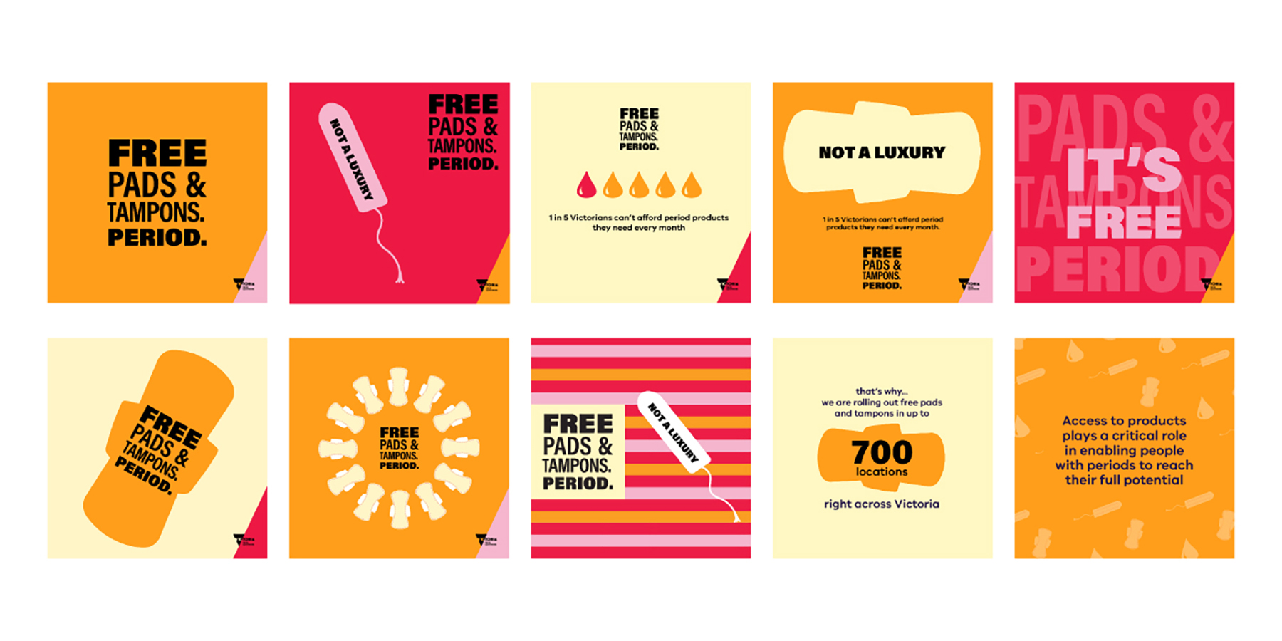A selection of ten social media posts used to promote the free pads and tampons campaign.