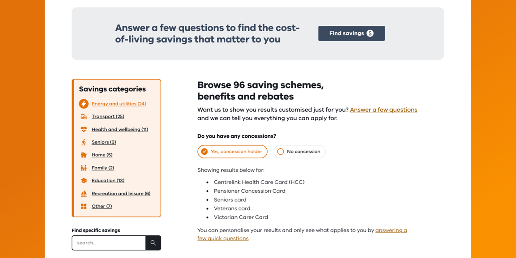Savings Finder results