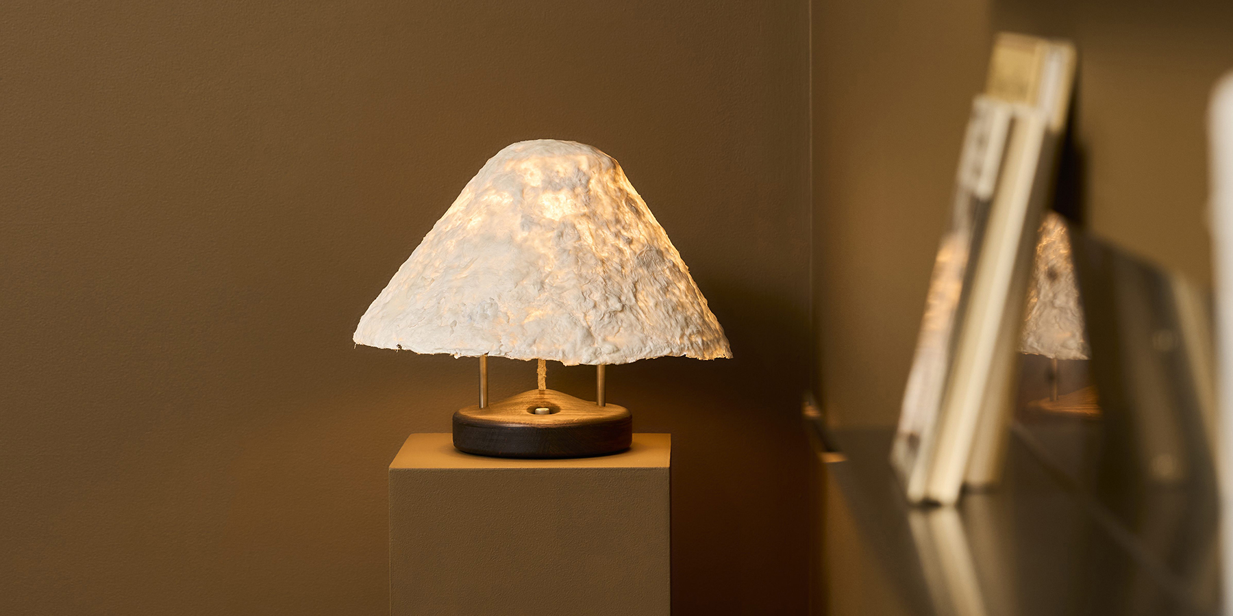 Table Lamp C501 by Locki Humphrey; small table lamp with recycled fabric shade, scultupral timber base and integrated dimmer