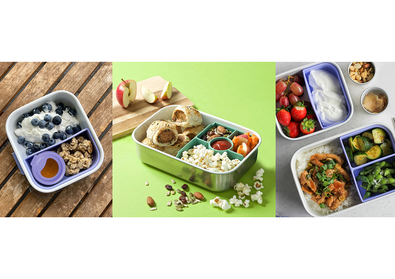 Products in use, the removable silicone dividers demonstrate lunch packing flexibility.