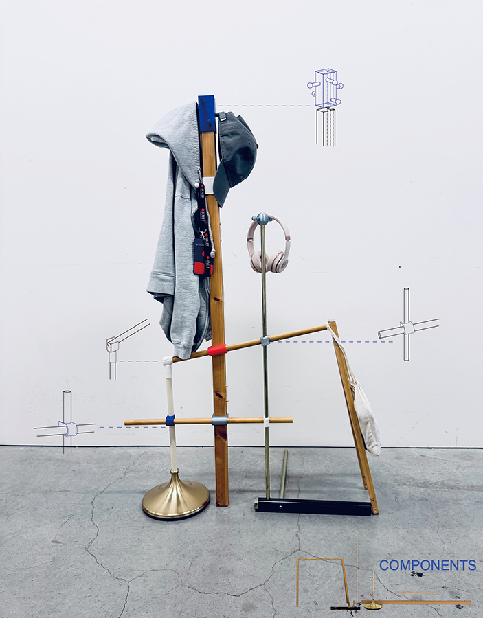 A coat rack made from reused furniture elements, connected with custom 3D-printed PLA joints shown in close detail.