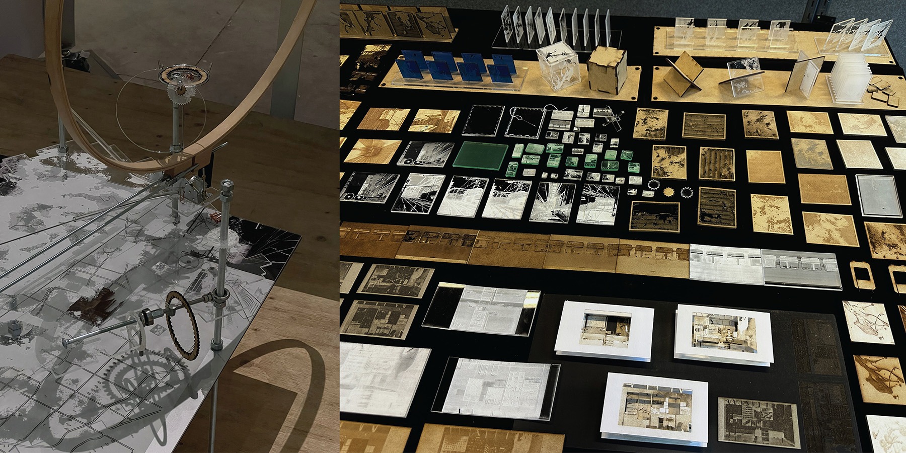 Exhibited spatial conceptual model alongside miniature-scale physical fabrications and display models.