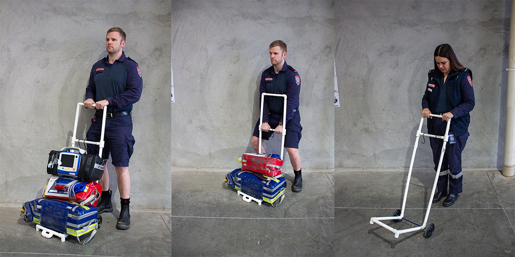 3 images of paramedics testing a PVC prototype of the trolley.