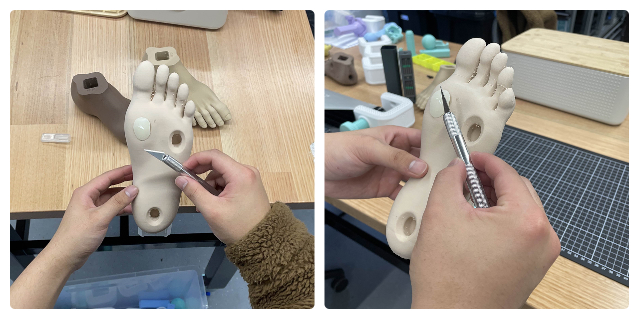 Left: A pair of hands with a scalpel practising debridement on the EduKit foot. Right: Same.