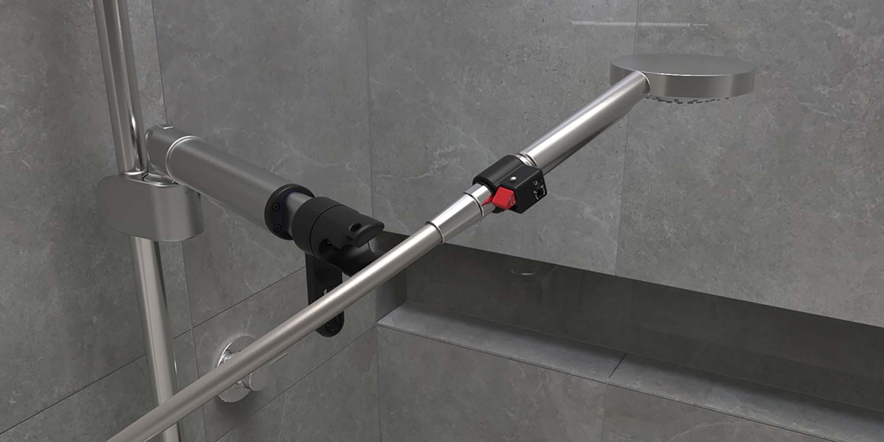 A telescopic shower head holder with the shower head and hose removed from the holder and fitted to the safety adapter