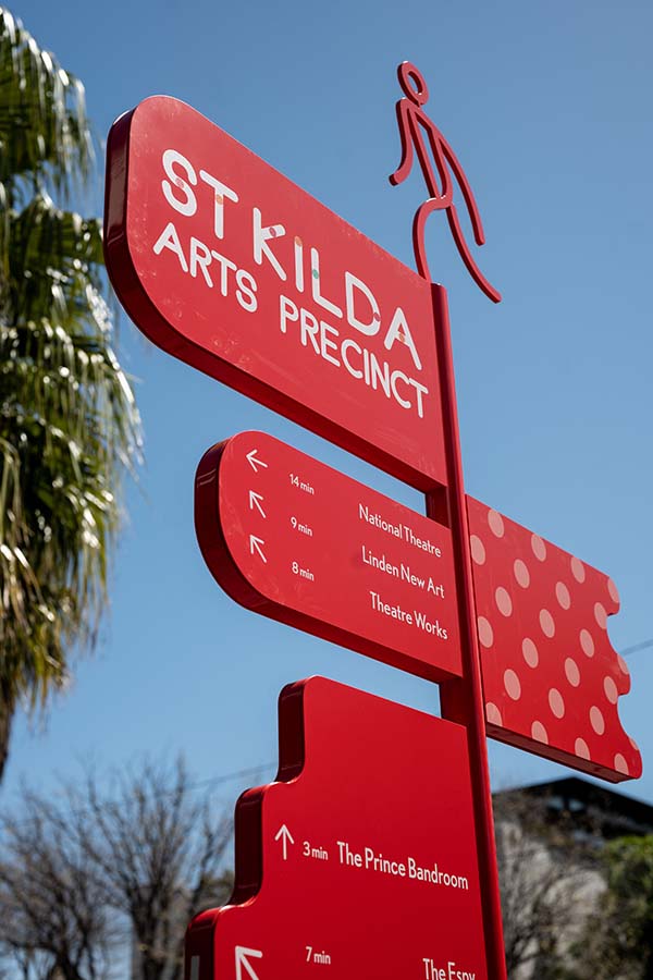 Detail red Sculptural wayfinding in St Kilda for the City of Port Phillip.