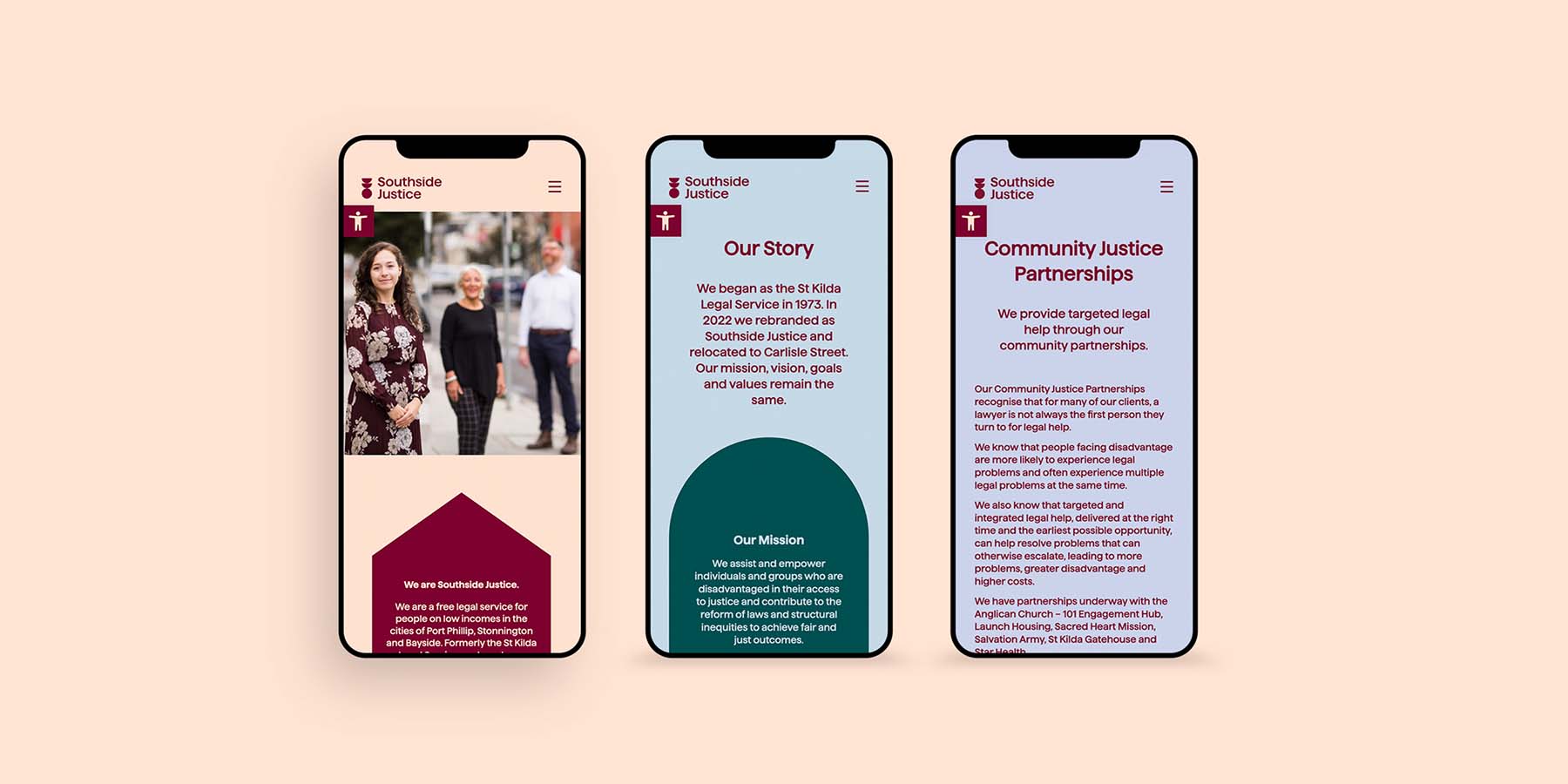 Southside Justice website design examples on a phone view.
