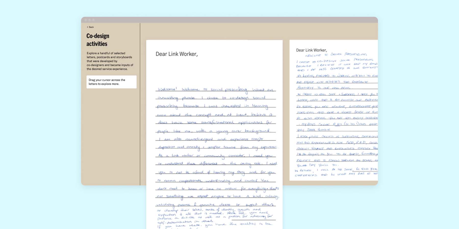 An example of a Figma screen displaying two participant letters written to Link Workers