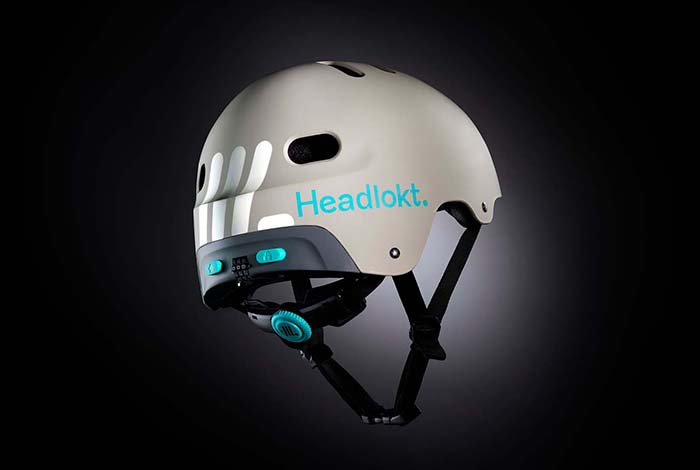 Rear-side view of white Headlokt OneLock helmet