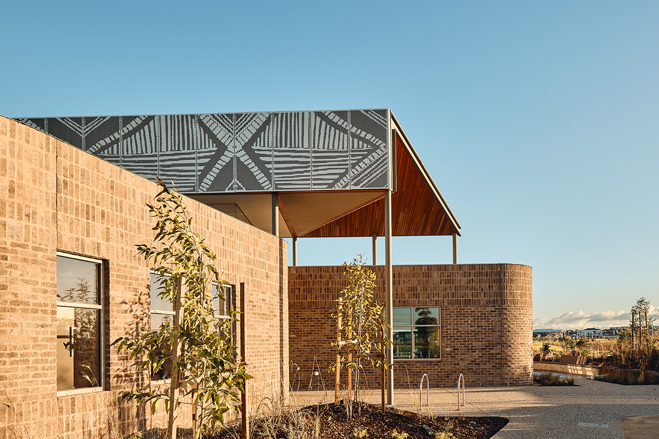 Nort-east entrance of the building showing Lisa Waup's artwork.