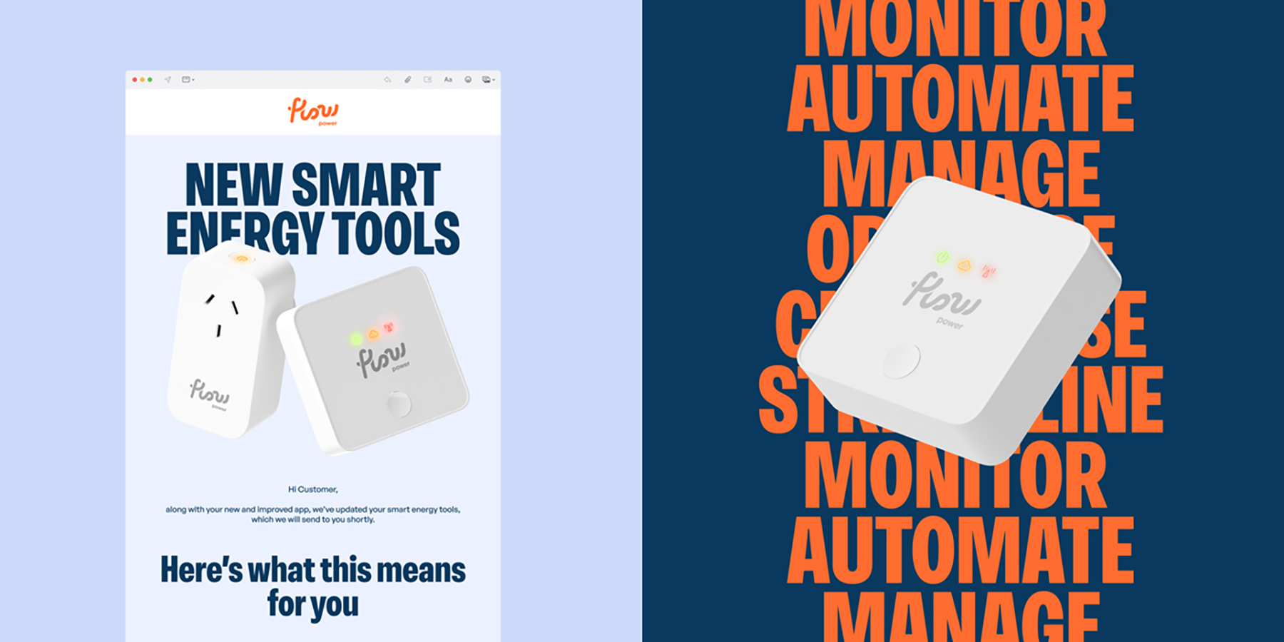 3D renders of Flow Power tech products, one in the context of an eDM, and the other against a moving typographic background.