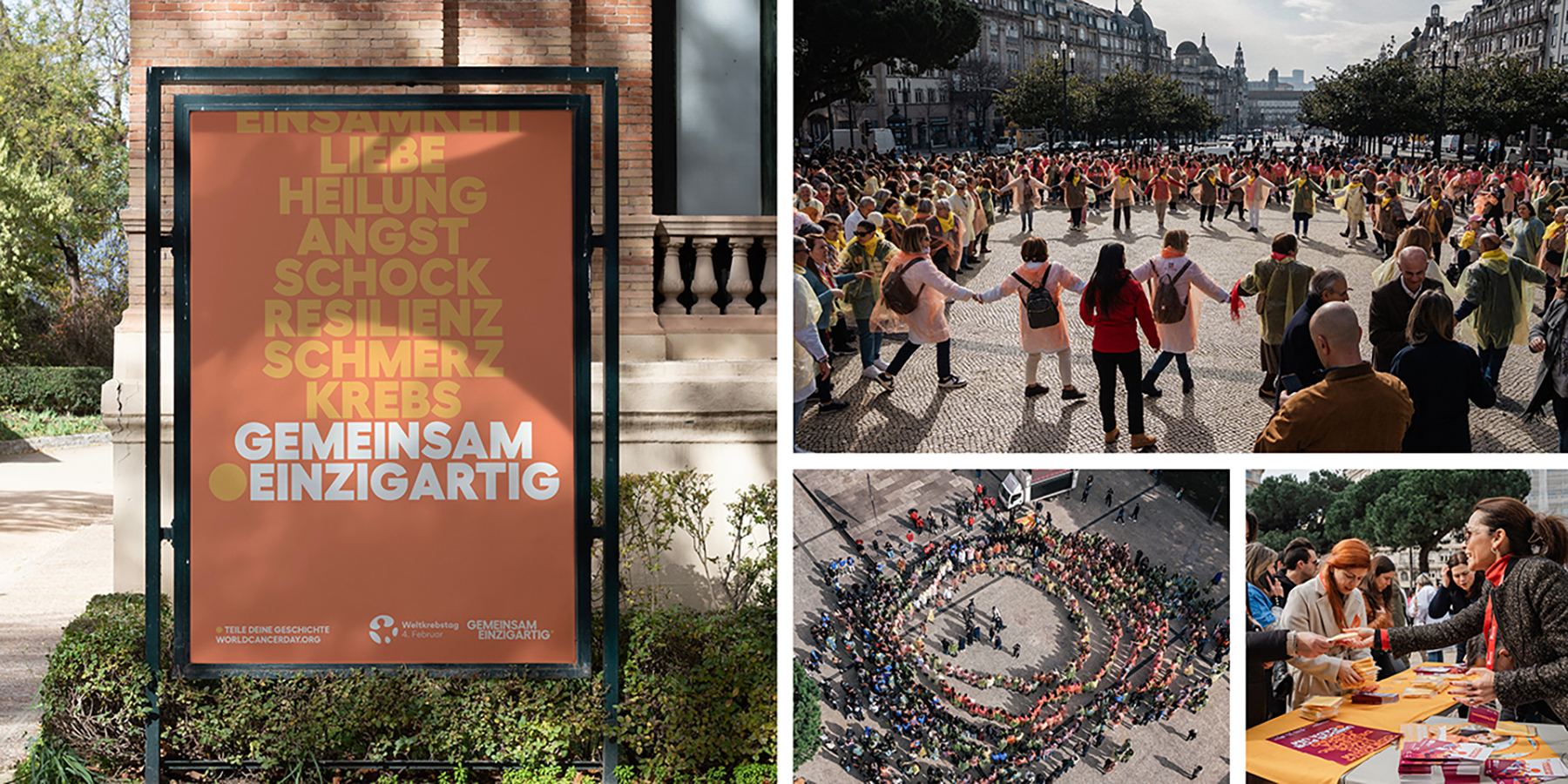 World Cancer Day poster in German, and people gathering in Portugal to celebrate and build awareness on the day