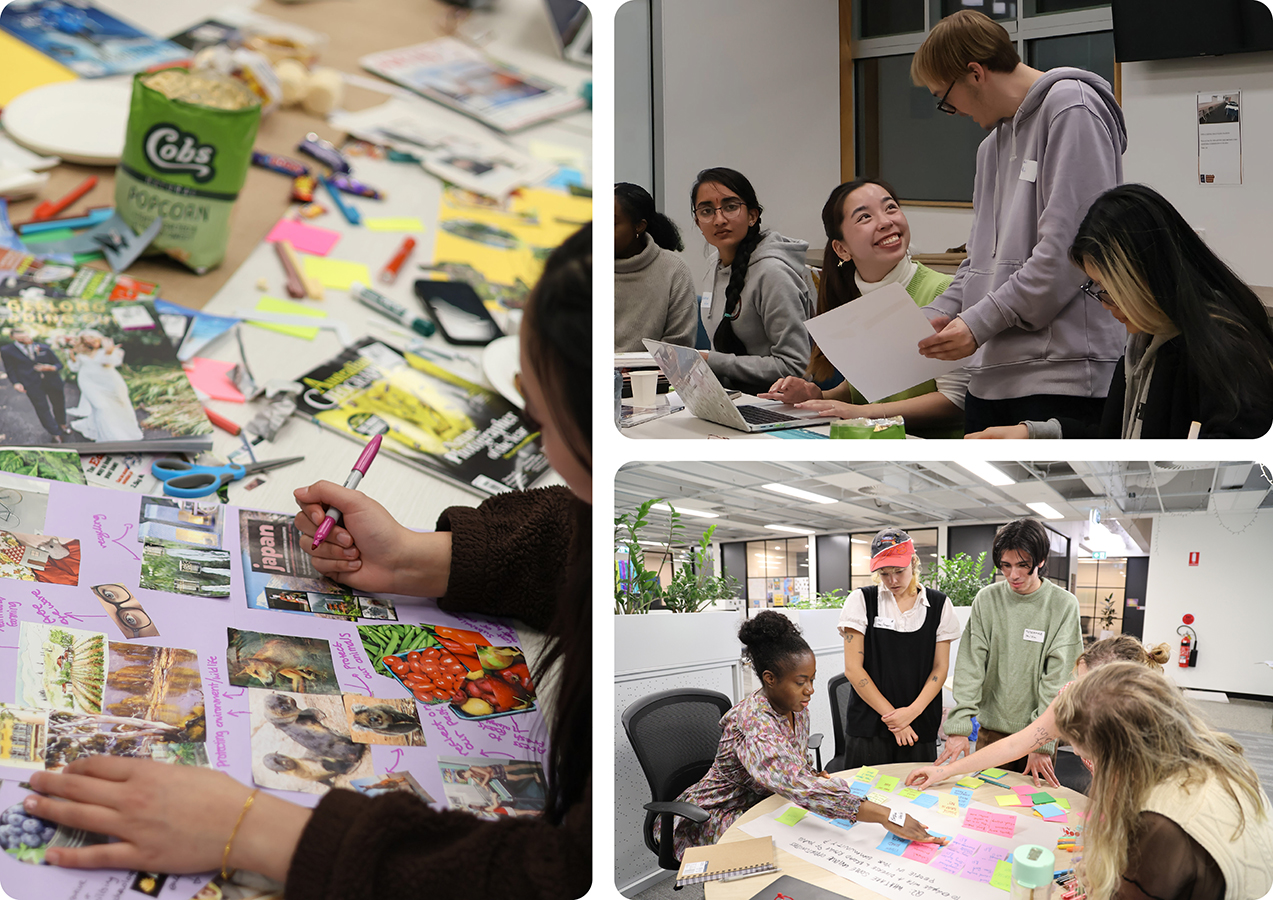 Youth create vision boards, collaborate at laptops, and co-design with sticky notes in group workshops.