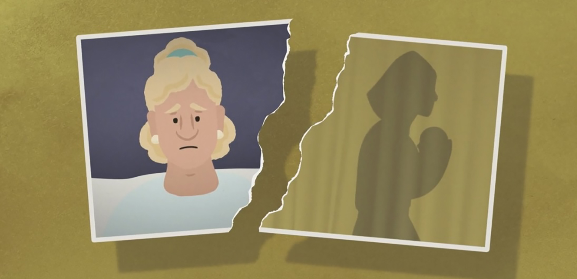 Torn photo shows a sad woman on one side, and a mother with baby silhouette on the other—symbolising separation.