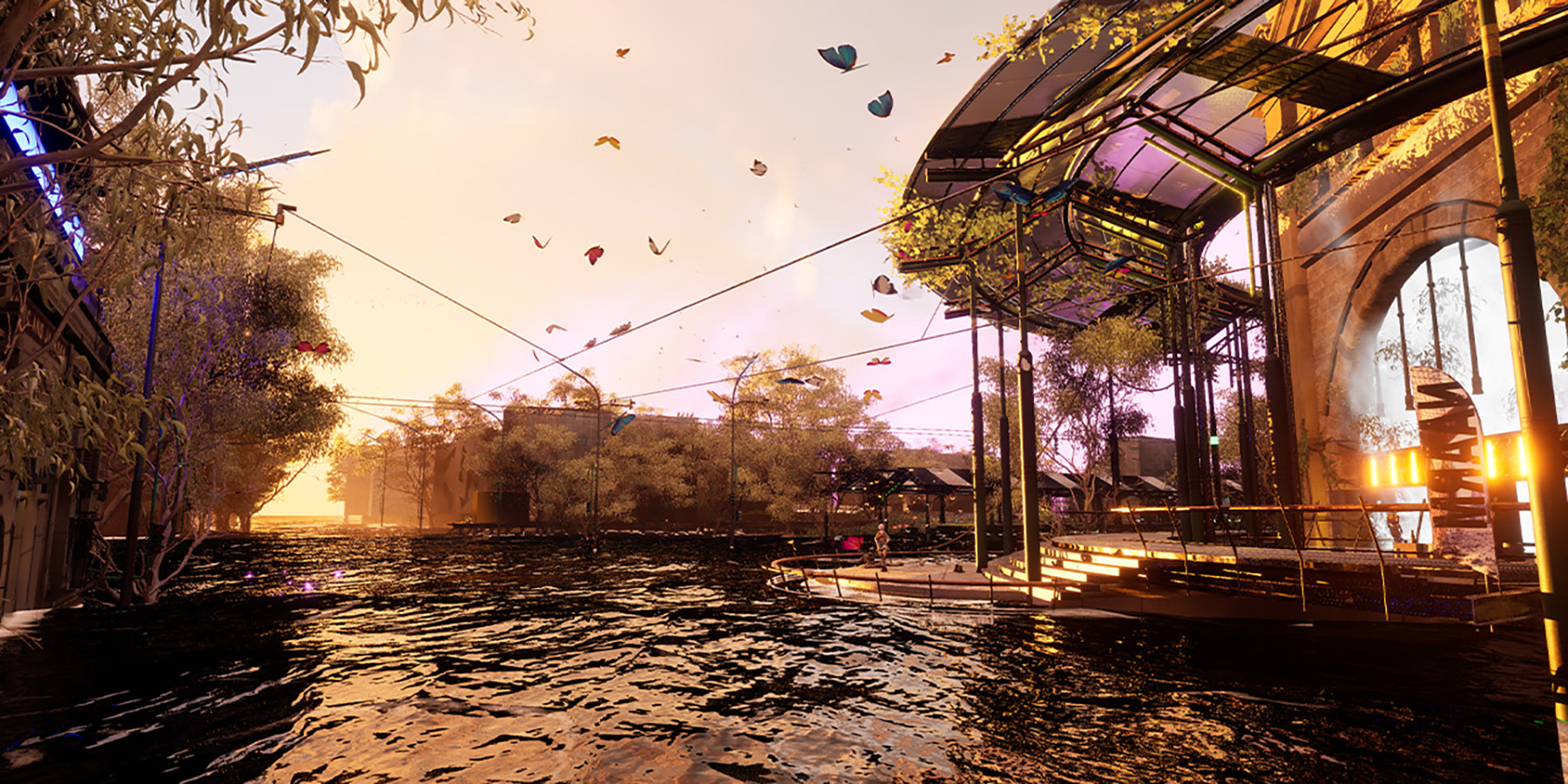 Looking towards a flooded corner of Swanston St and Flinders St.