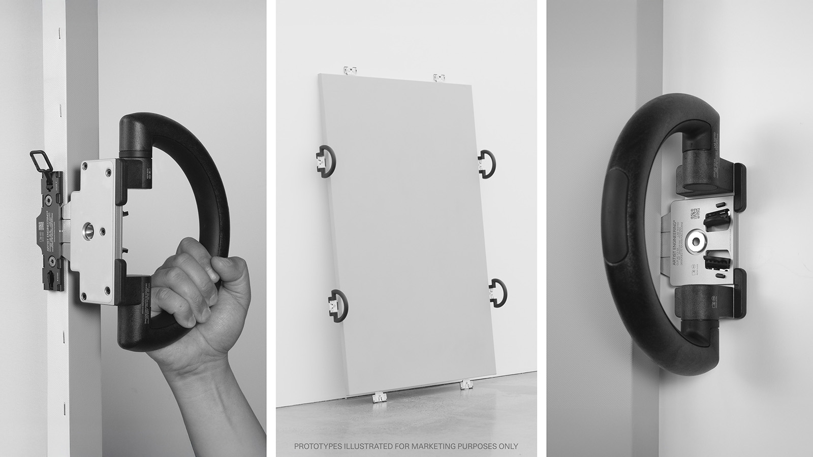 A medium sized artwork staged against a wall using AE clips as protective feet. Close ups of installed AE hardware