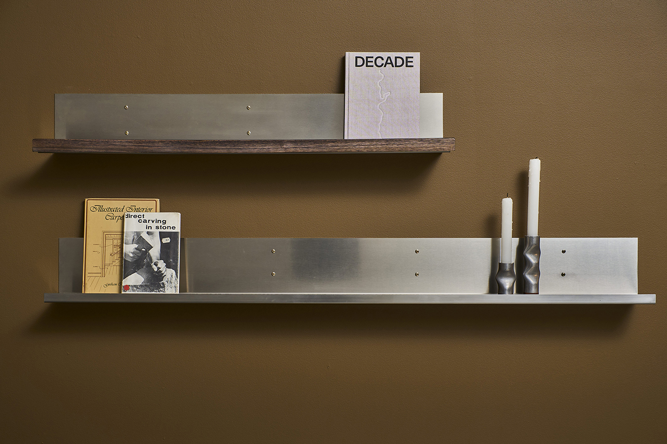 Stainless Shelves & Flux Candlesticks by Locki Humphrey; steel sheet shelves with a timber lip & cast aluminium candlesticks